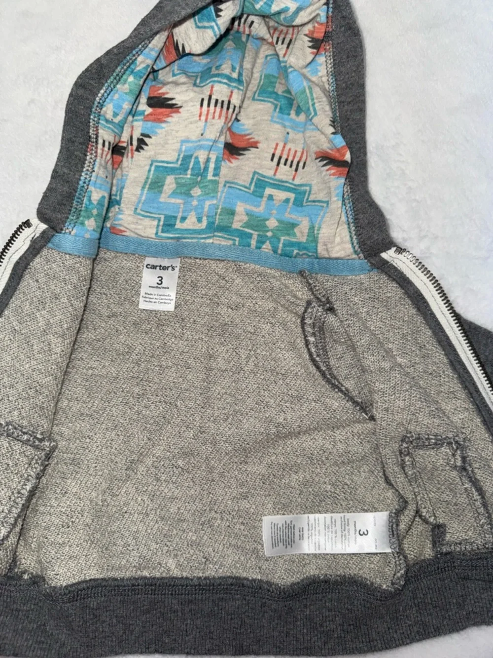 Carter's Grey Zip-Up Hoodie with Patterned Hood Lining